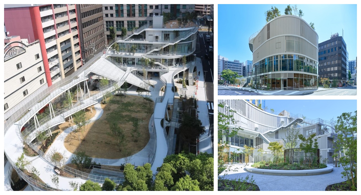 Aerial view of a multi-level urban park with white structural frames, greenery and pathways beside a large train station.